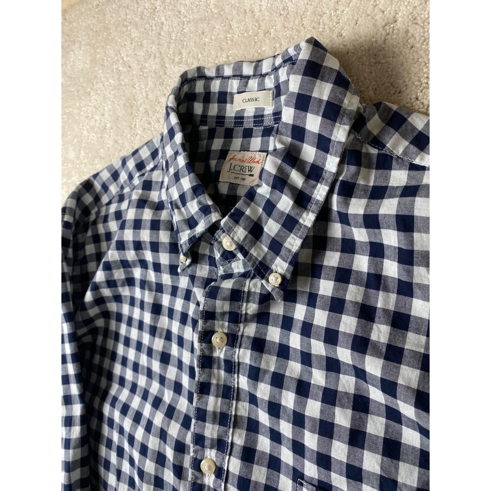 J Crew Secret Wash Shirt Men L Navy White Gingham Classic Fit Cotton Button Down